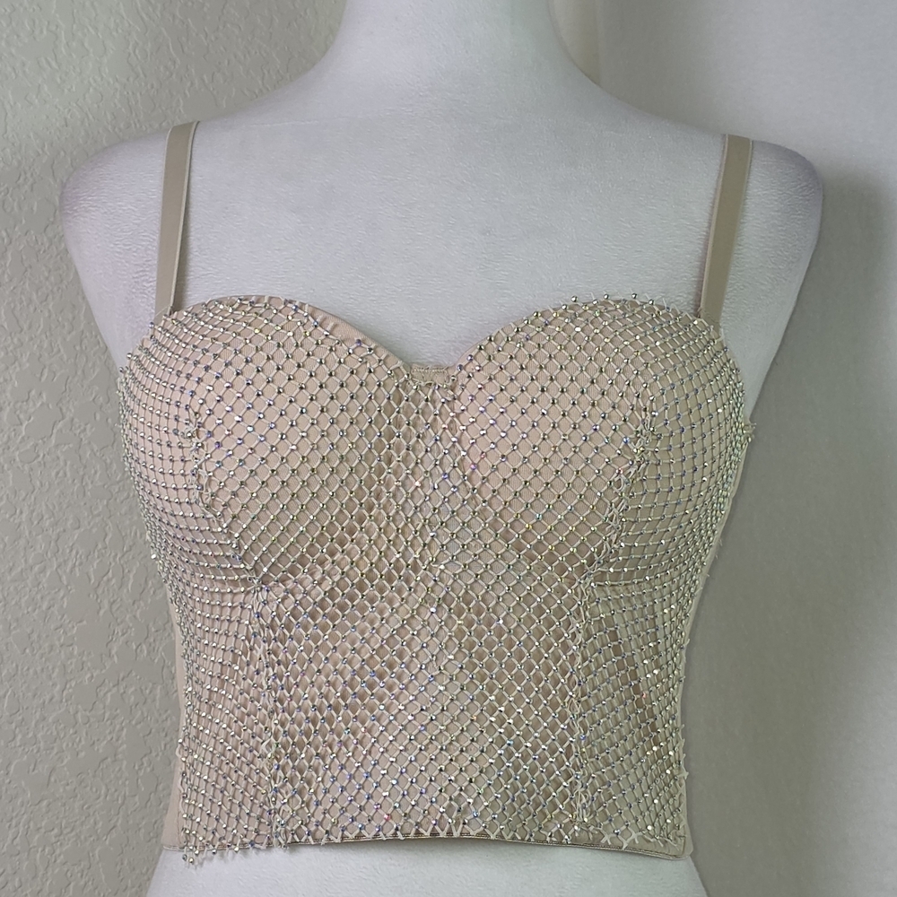 Mulla Nude Rhinestone Mesh Corset Bustier Top Sz Small (36B)